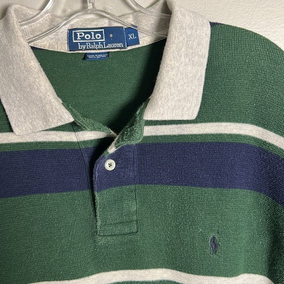 Vintage Polo Ralph Lauren Terrycloth Cotton Polo Green Navy White striped Sz XL - Picture 2 of 11